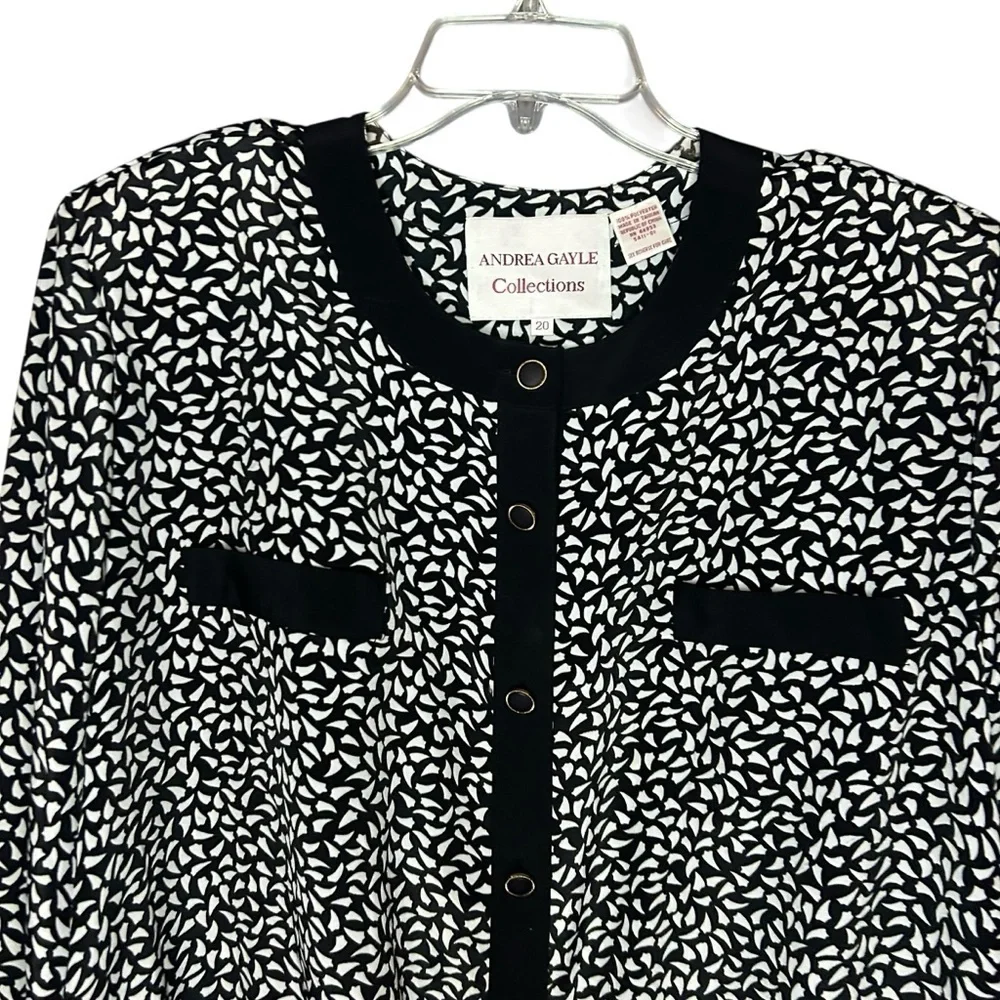 Andrea Gayle Black White Print Blouse Size XL Button Front Top - Picture 5 of 11